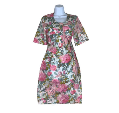 VTG 80S TIME COLLECTION WHITE PINK FLORAL MIDI SUMMER DRESS S 8 10