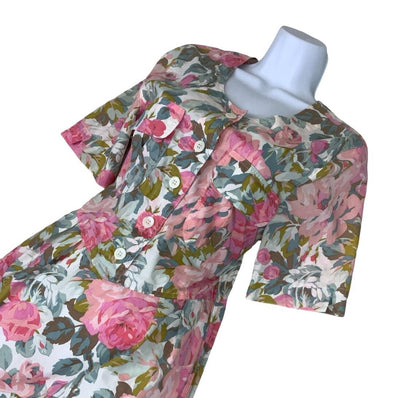 VTG 80S TIME COLLECTION WHITE PINK FLORAL MIDI SUMMER DRESS S 8 10