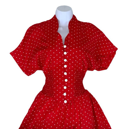 VTG 80S RED WHITE POLKA DOT SWING SKIRT ROCKABILLY PIN-UP MIDI DRESS S 8 10