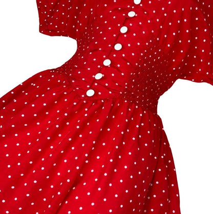 VTG 80S RED WHITE POLKA DOT SWING SKIRT ROCKABILLY PIN-UP MIDI DRESS S 8 10