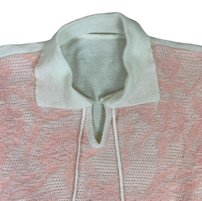 VTG 80S 90s PINK WHITE BOTANICAL PATTERNED KNIT SHORT SLEEVE COLLARED TOP S 10