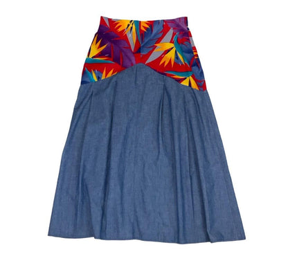 VTG 80s 'PIN-UP' HIGH WAIST LONG DENIM PATCHWORK BOTANICAL BOHO MIDI SKIRT S 8