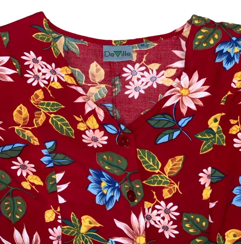 VTG 90s 'DE VILLE' RED FLORAL MINI SUMMER BEACH SKATER DRESS M 12