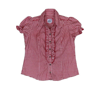 VTG 90s GAUDI LEATHERS RED WHITE GINGHAM RUFFLE BUTTON-UP BLOUSE SHIRT M 12 14