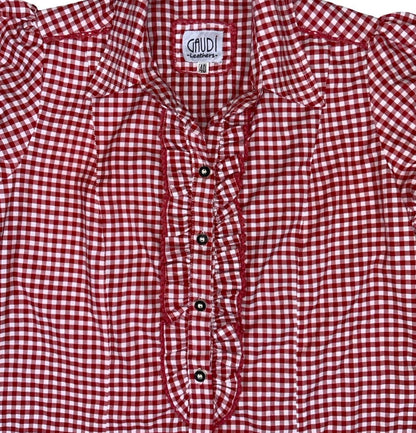 VTG 90s GAUDI LEATHERS RED WHITE GINGHAM RUFFLE BUTTON-UP BLOUSE SHIRT M 12 14