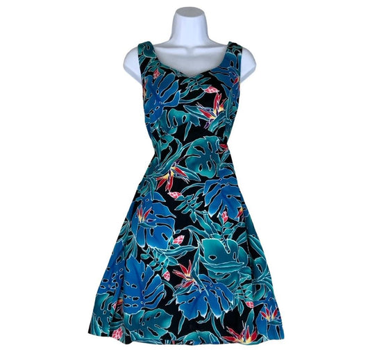 THE HAWAIIAN ORIGINAL 'HILO HATTIES' BLACK BLUE RED FLORAL SUMMER DRESS M