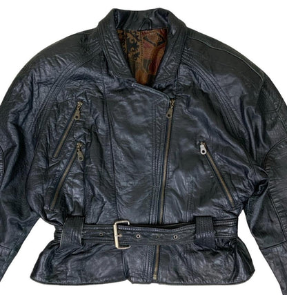 VTG 80s 'YESSICA' by C&A CROPPED BIKER SHOULDER PADDED LEATHER JACKET L 14 16