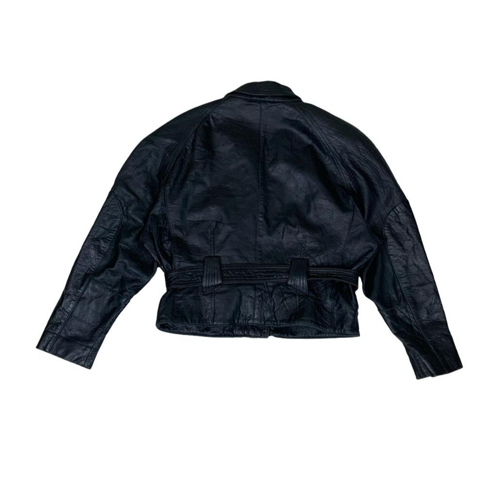 VTG 80s 'YESSICA' by C&A CROPPED BIKER SHOULDER PADDED LEATHER JACKET L 14 16