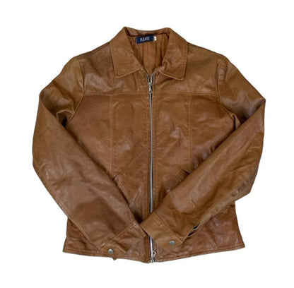 VTG 90s DOES 70s 'PLEASE' BROWN TAN ZIP-UP QUILT LINED MOD LEATHER JACKET S 10