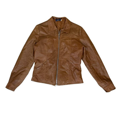 VTG 90s DOES 70s 'PLEASE' BROWN TAN ZIP-UP QUILT LINED MOD LEATHER JACKET S 10