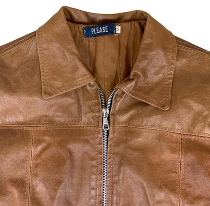 VTG 90s DOES 70s 'PLEASE' BROWN TAN ZIP-UP QUILT LINED MOD LEATHER JACKET S 10