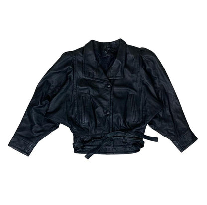 VTG 80s 'ON TIME' BLACK CROP BIKER SHOULDER PAD GRUNGE PUNK LEATHER JACKET M 14