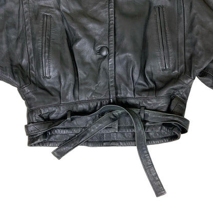 VTG 80s 'ON TIME' BLACK CROP BIKER SHOULDER PAD GRUNGE PUNK LEATHER JACKET M 14