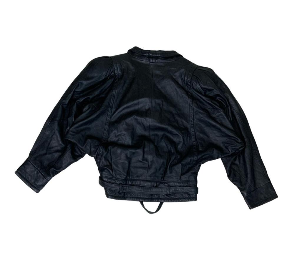 VTG 80s 'ON TIME' BLACK CROP BIKER SHOULDER PAD GRUNGE PUNK LEATHER JACKET M 14