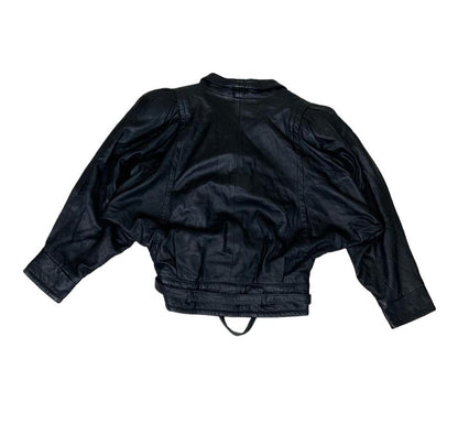 VTG 80s 'ON TIME' BLACK CROP BIKER SHOULDER PAD GRUNGE PUNK LEATHER JACKET M 14