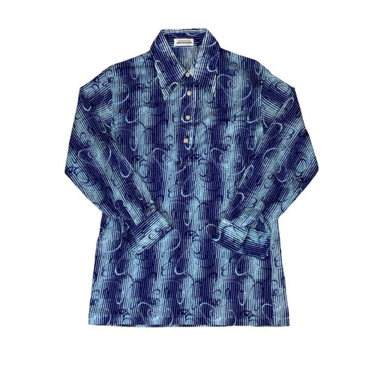 VTG 70s 'DUNLOP' BLUE SWIRL PATTERNED DAGGER COLLAR POLO SHIRT SMALL