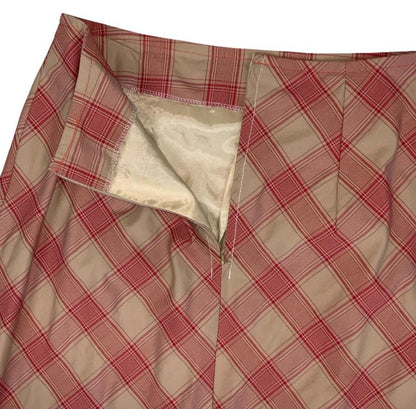 90s DOES 70s RED ORANGE PLAID GINGHAM PREPPY SMART MIDI PENCIL MIDI SKIRT S 8