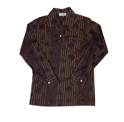 VTG 70s 'RICH FIELD' TOKYO CROSS BROWN AFRICAN POTS GRAPHIC PRINT SHIRT S