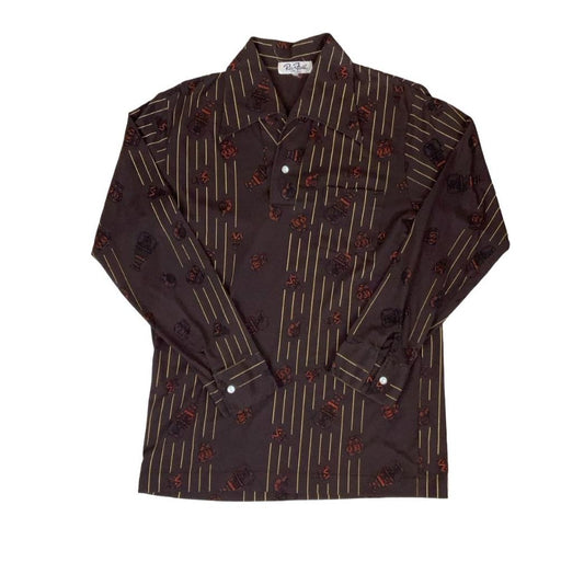 VTG 70s 'RICH FIELD' TOKYO CROSS BROWN AFRICAN POTS GRAPHIC PRINT SHIRT S