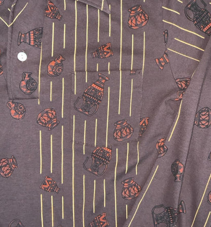 VTG 70s 'RICH FIELD' TOKYO CROSS BROWN AFRICAN POTS GRAPHIC PRINT SHIRT S