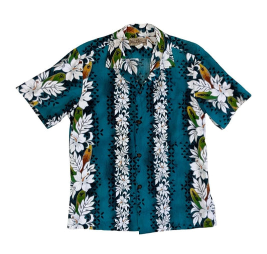 VTG BLUE HAWAII HAWAIIAN MADE ALOHA SHIRT COTTON TIKI ROCKABILLY ELVIS S 38”