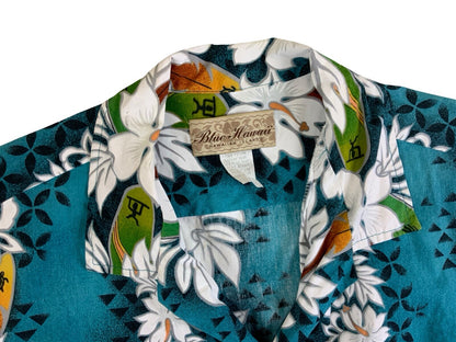 VTG BLUE HAWAII HAWAIIAN MADE ALOHA SHIRT COTTON TIKI ROCKABILLY ELVIS S 38”