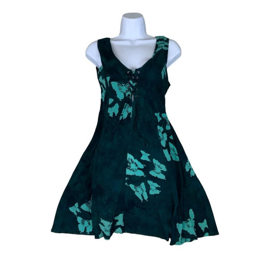 VTG 'IVAX' BALI GREEN BUTTERFLY GRAPHIC MINI SLEEVELESS BEACH SUMMER DRESS M 12