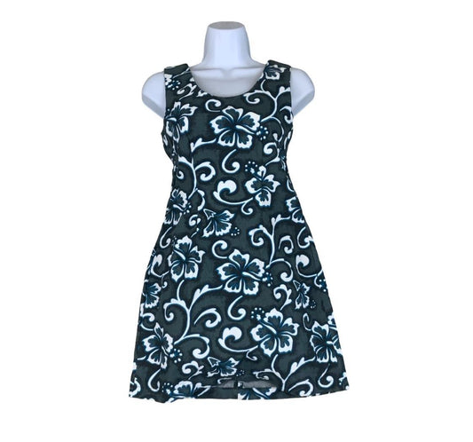 VTG 80s 80s 'MADE AT THE BEACH' HAWAIIAN BLUE WHITE FLORAL MINI SUMMER DRESS XS