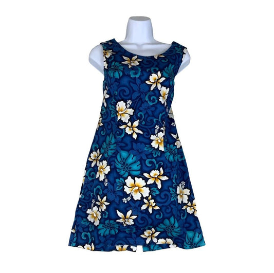 VTG 'PACIFIC LEGEND' HAWAIIAN BLUE WHITE FLORAL MINI BEACH SUMMER DRESS SMALL 8