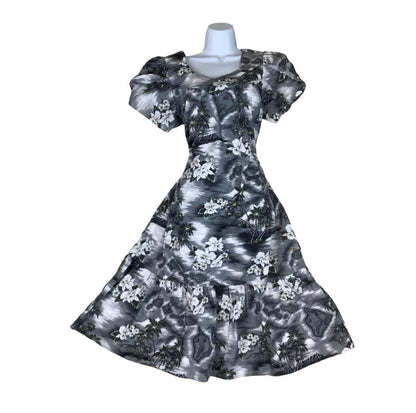 VTG 70s 80s 'KY'S' HAWAIIAN BLACK WHITE GREY SUMMER SHORT SLEEVE TENT DRESS M 14