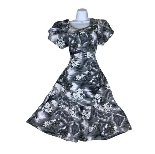 VTG 70s 80s 'KY'S' HAWAIIAN BLACK WHITE GREY SUMMER SHORT SLEEVE TENT DRESS M 14