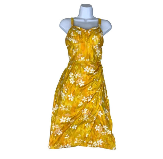 VTG 70s 'MOLIA' HAWAIIAN YELLOW FLORAL SLEEVELESS MINI BEACH SUMMER DRESS XS 4