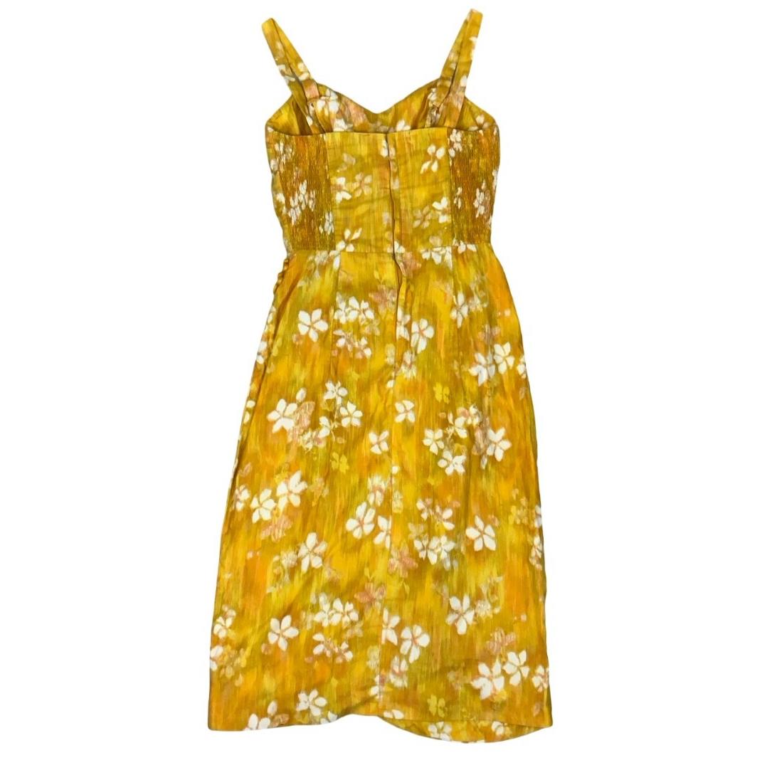 VTG 70s 'MOLIA' HAWAIIAN YELLOW FLORAL SLEEVELESS MINI BEACH SUMMER DRESS XS 4