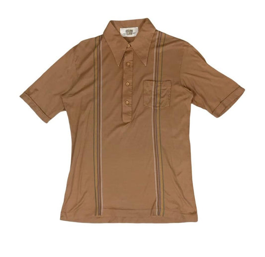 VTG 70s 80s 'SUN' TAN BROWN BEIGE STRIPE EMBROIDERED DAGGER COLLAR POLO SHIRT S