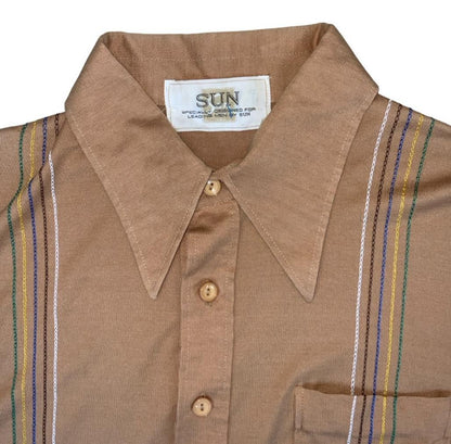 VTG 70s 80s 'SUN' TAN BROWN BEIGE STRIPE EMBROIDERED DAGGER COLLAR POLO SHIRT S