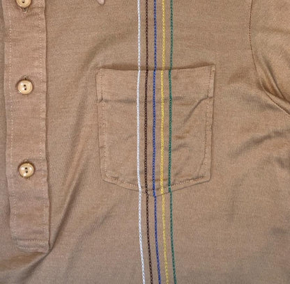 VTG 70s 80s 'SUN' TAN BROWN BEIGE STRIPE EMBROIDERED DAGGER COLLAR POLO SHIRT S