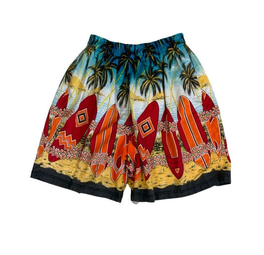 VTG 90s BLUE RED ORANGE HAWAIIAN BEACH SURF GRAPHIC SWIM SHORTS WITH LINER S M L