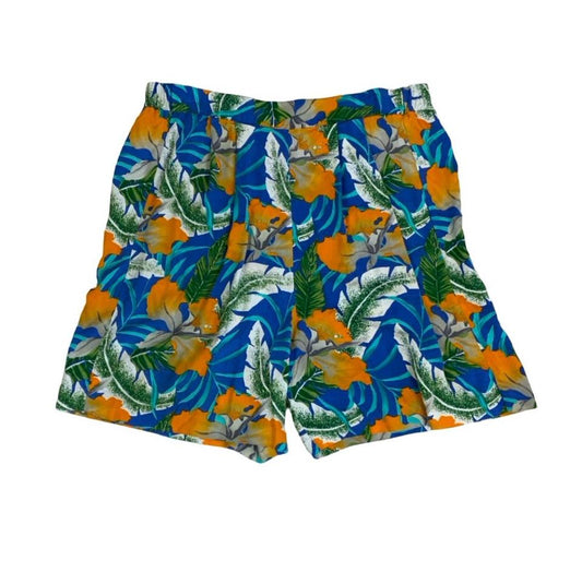 VTG 'PETITE SOPHISTICATE' BLUE ORANGE GREEN FLORAL HONG KONG HAWAIIAN SHORTS M L