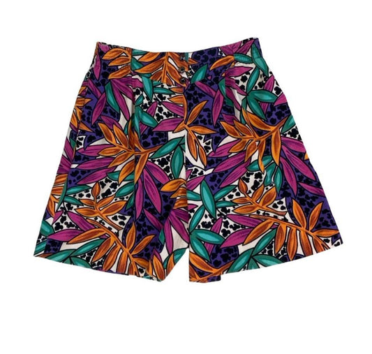 VTG 90s y2k 'JOAN WALTERS' HIGH-WAISTED ORANGE PINK GREEN BOTANICAL SHORTS S M