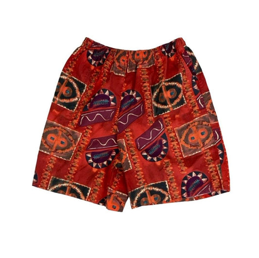 VTG 90s RED BROWN TRIBAL ART GEOMETRIC GRAPHIC BOHO BEACH SURF SHORTS S M