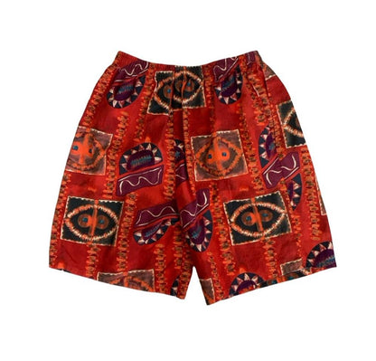 VTG 90s RED BROWN TRIBAL ART GEOMETRIC GRAPHIC BOHO BEACH SURF SHORTS S M