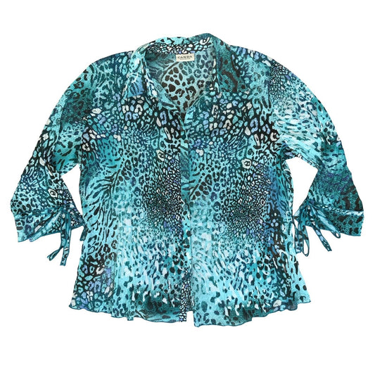 VTG 90s Y2K 'CANDA' COLLECTION AT C&A BLUE LEOPARD PRINT PLEATED MESH BLOUSE L