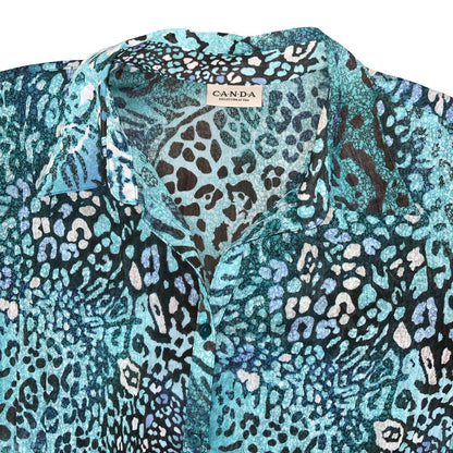 VTG 90s Y2K 'CANDA' COLLECTION AT C&A BLUE LEOPARD PRINT PLEATED MESH BLOUSE L