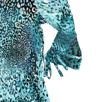 VTG 90s Y2K 'CANDA' COLLECTION AT C&A BLUE LEOPARD PRINT PLEATED MESH BLOUSE L