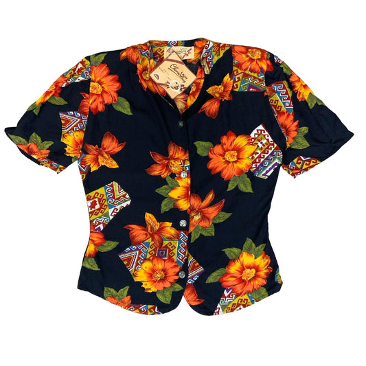 80s 'LADY CHEMERLANG' FRENCH BLACK ORANGE FLORAL DEADSTOCK BUTTON-UP BLOUSE S 8