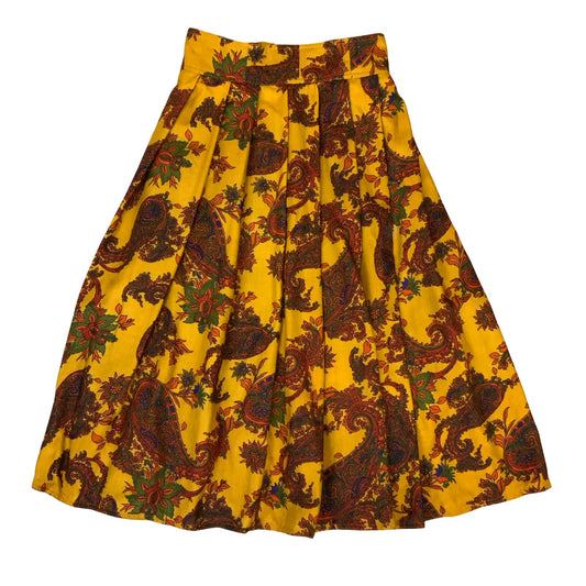 VTG ORANGE BROWN PAISLEY HIGH-WAIST PLEATED COTTAGE-CORE MIDI SKIRT SMALL UK 10
