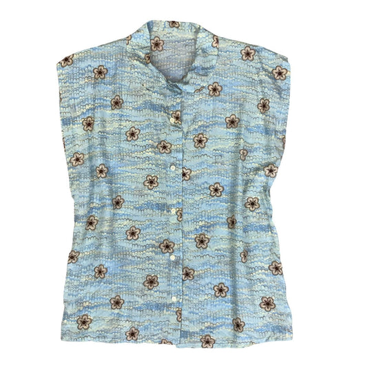 VTG 80s SLEEVELESS CAP SLEEVE BLUE FLORAL PATTERNED BUTTON-UP SUMMER BLOUSE M 14