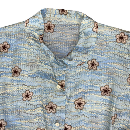 VTG 80s SLEEVELESS CAP SLEEVE BLUE FLORAL PATTERNED BUTTON-UP SUMMER BLOUSE M 14