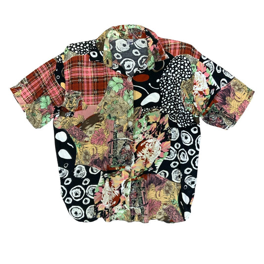 VTG 'AGS' FAUX PATCHWORK RED WHITE BLACK TARTAN GEOMETRIC FLORAL BLOUSE L 16/18