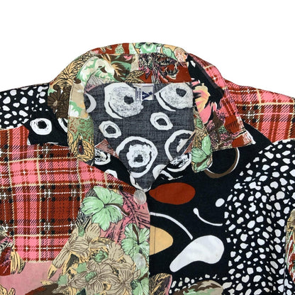 VTG 'AGS' FAUX PATCHWORK RED WHITE BLACK TARTAN GEOMETRIC FLORAL BLOUSE L 16/18